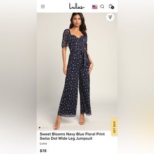 Lulu’s Sweet Blooms Navy Blue Floral Print Swiss Dot Wide Leg Jumpsuit